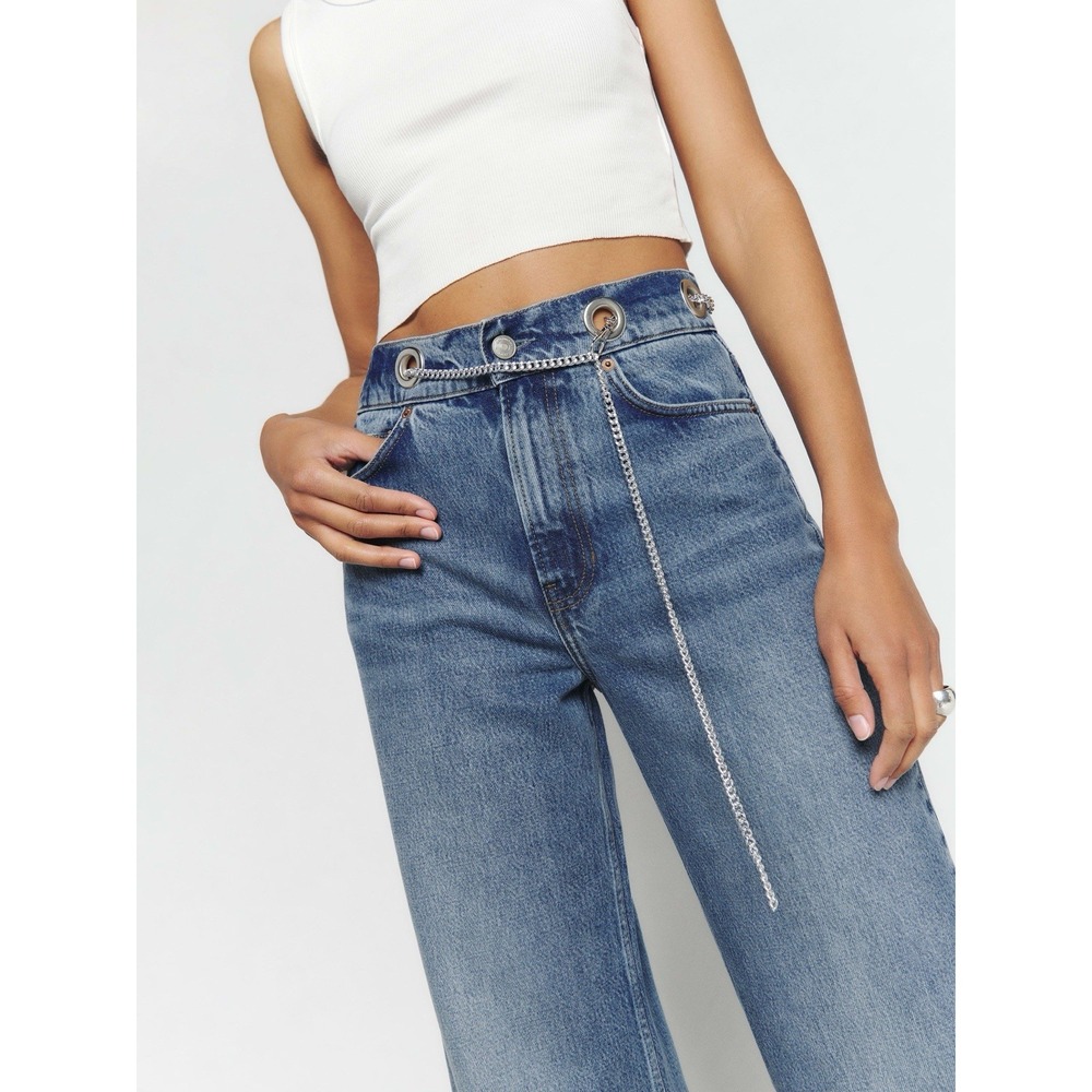 Reformation Blue Wide Leg Jeans with Silver Chain Detail